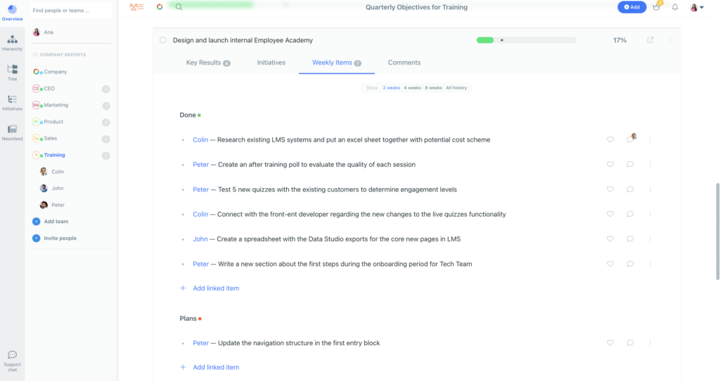 Review Quarterly Timeline in Weekdone